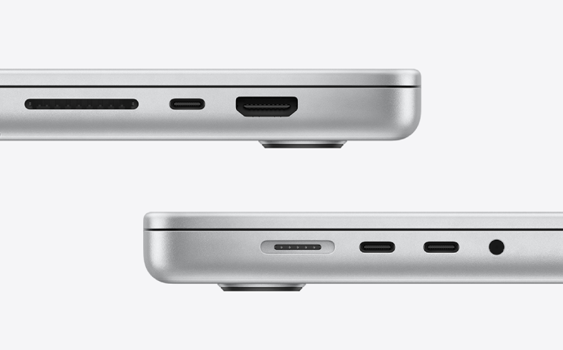 „MacBook Pro“ dešinė ir kairė pusės: rodomi visi prievadai.