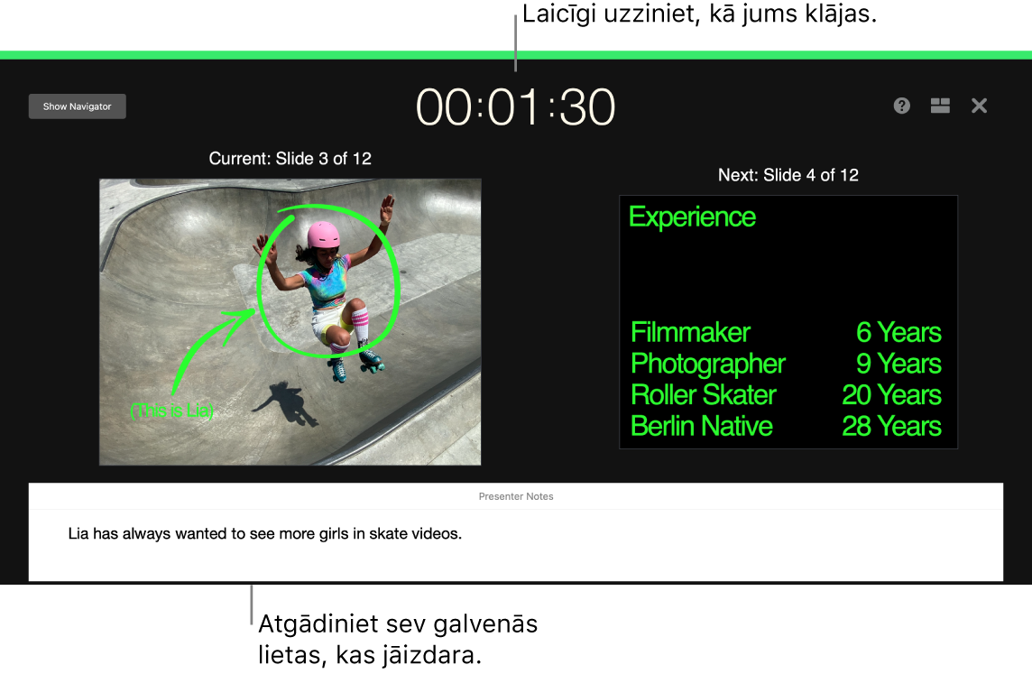 Lietotnes Keynote logā ir redzama funkcija Rehearse Slideshow.