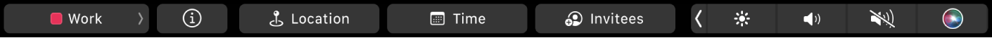 Lietotnes Calendar josla Touch Bar ar pogām kalendāru izvēlei, notikuma detaļu skatīšanai, atrašanās vietas rediģēšanai, laika rediģēšanai un uzaicinājumu pievienošanai.