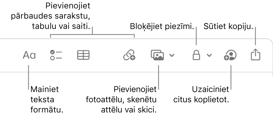 Lietotnes Notes rīkjosla ar remarkām pie teksta formatēšanas, pārbaudes sarakstu, tabulu, saišu, fotoattēlu/mediju, bloķēšanas, koplietošanas un kopiju sūtīšanas rīkiem.