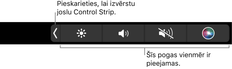 Daļējs noklusējuma joslas Touch Bar ekrāns, kurā redzama sakļauta vadīkla Control Strip. Pieskarieties izvēršanas pogai, lai skatītu pilnu Control Strip.