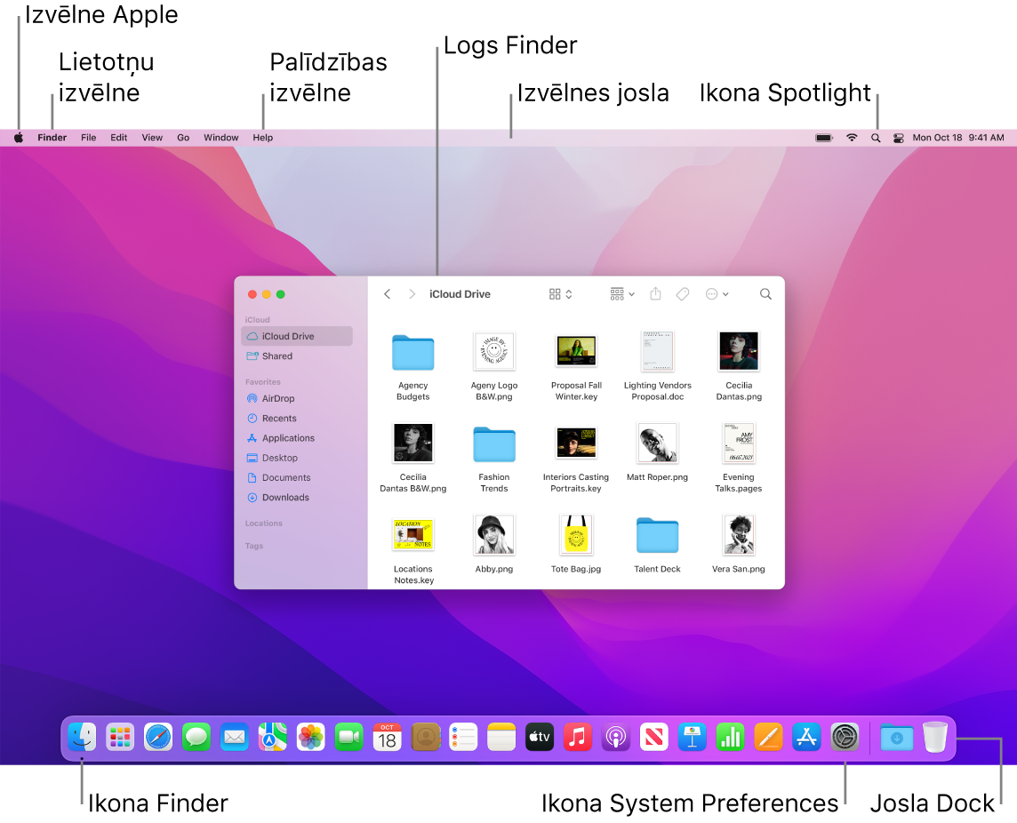 Mac datora ekrānā redzama Apple izvēlne, izvēlne App, izvēlne Help, lietotnes Finder logs, izvēlnes josla, ikona Spotlight, ikona Finder, ikona System Preferences un josla Dock.