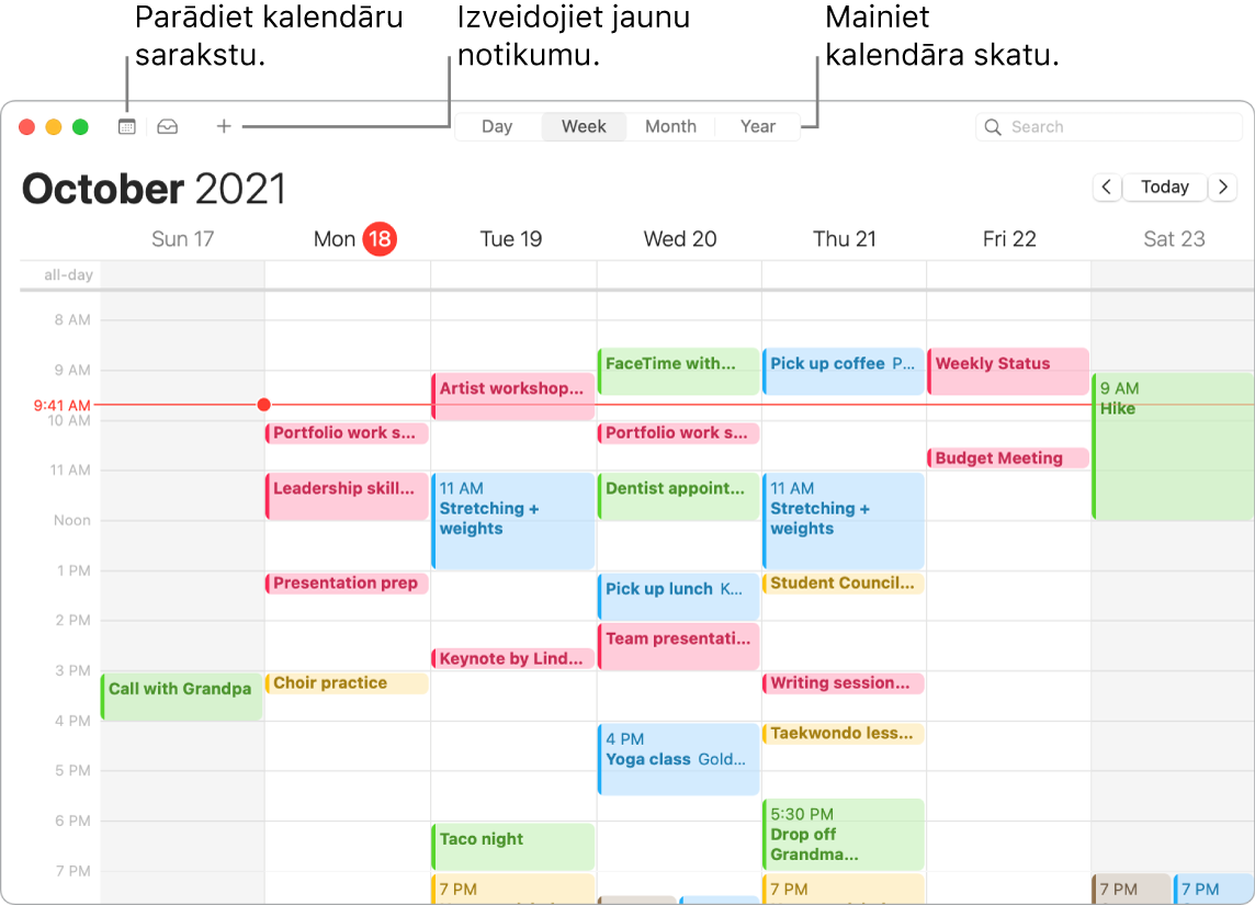 Lietotnes Calendar logā redzams, kā izveidot notikumu, parādīt kalendāru sarakstu un izvēlēties skatu Day, Week, Month vai Year.