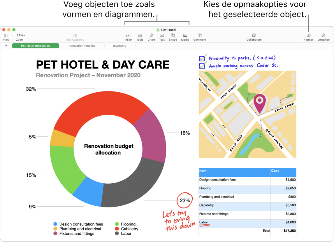 Een Numbers-venster met bovenin de knoppenbalk met bewerkingsfuncties, de knop 'Werk samen' rechtsbovenin en de knoppen 'Opmaak' en 'Organiseer' aan de rechterkant. In de navigatiekolom 'Opmaak' is het tabblad 'Diagram' geopend.