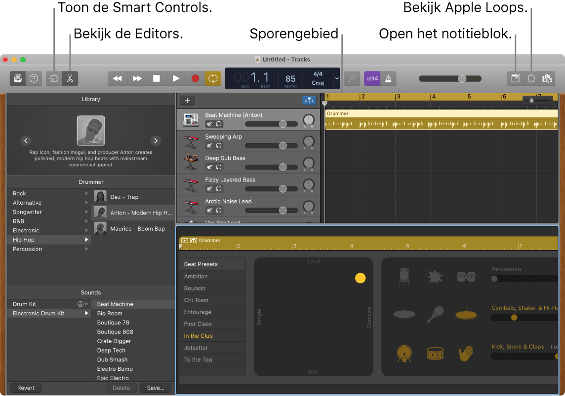 Een GarageBand-venster met daarin de knoppen voor toegang tot slimme besturingselementen, editors, notities en Apple Loops. Ook het gebied met tracks wordt weergegeven.