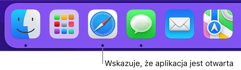 Fragment Docka z czarnymi kropkami pod ikonami otwartych aplikacji.