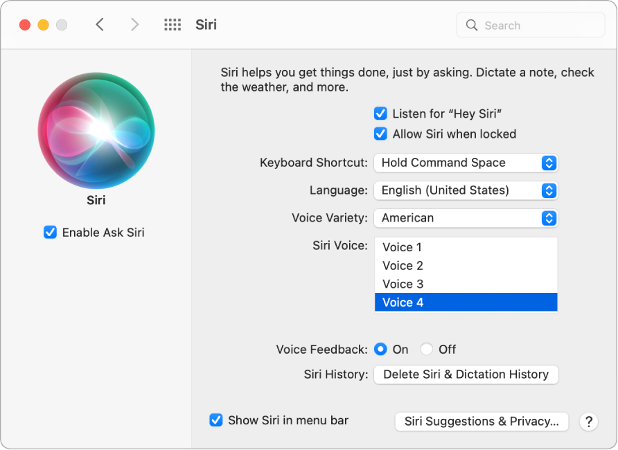 Okno preferencji Siri zawierające zaznaczone pole wyboru Włącz Poproś Siri, znajdujące się po lewej, a także opcje pozwalające na dostosowanie Siri, znajdujące się po prawej, w tym Nasłuchuj „Hej, Siri”.