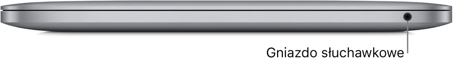MacBook Pro z czipem Apple M1 widziany z prawej strony. Opisy na ilustracji wskazują gniazdo słuchawek 3,5 mm.
