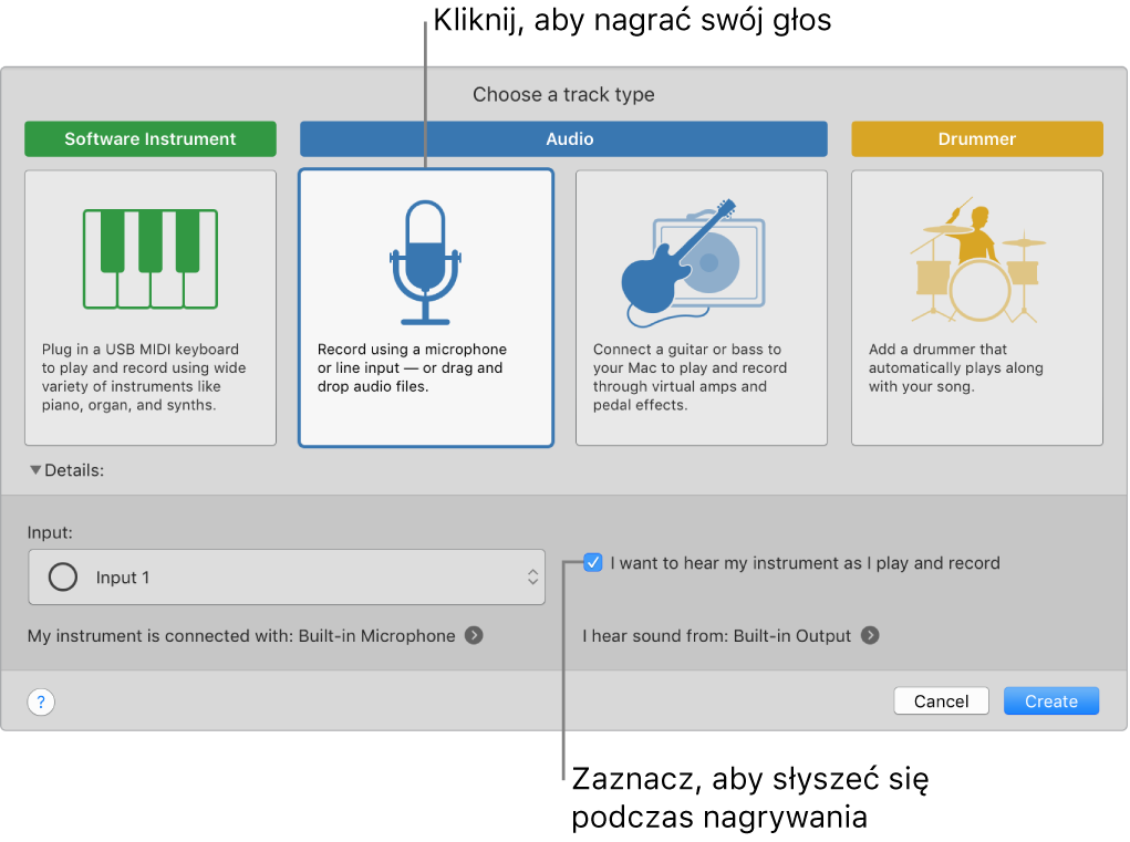 Panel instrumentów w aplikacji GarageBand z opisami opcji narywania głosu oraz opcji pozwalającej słyszeć siebie podczas nagrywania.