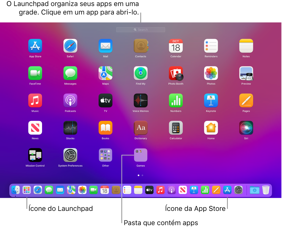 Tela do Mac com o Launchpad aberto, mostrando uma pasta de apps no Launchpad e os ícones do Launchpad e da App Store no Dock.