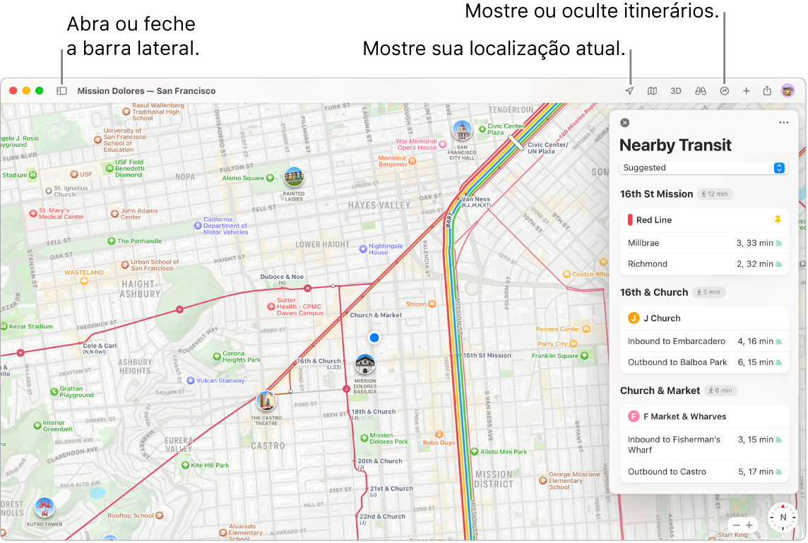 Uma janela do app Mapas mostrando como clicar em um destino na barra lateral para obter itinerários, como abrir e fechar a barra lateral, e como encontrar sua localização atual no mapa.