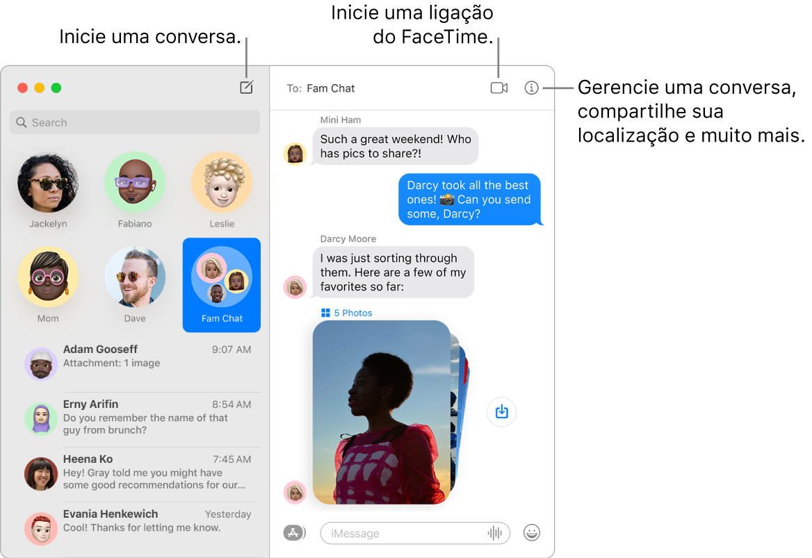 Uma janela do app Mensagens mostrando como iniciar uma conversa e como iniciar uma ligação FaceTime.