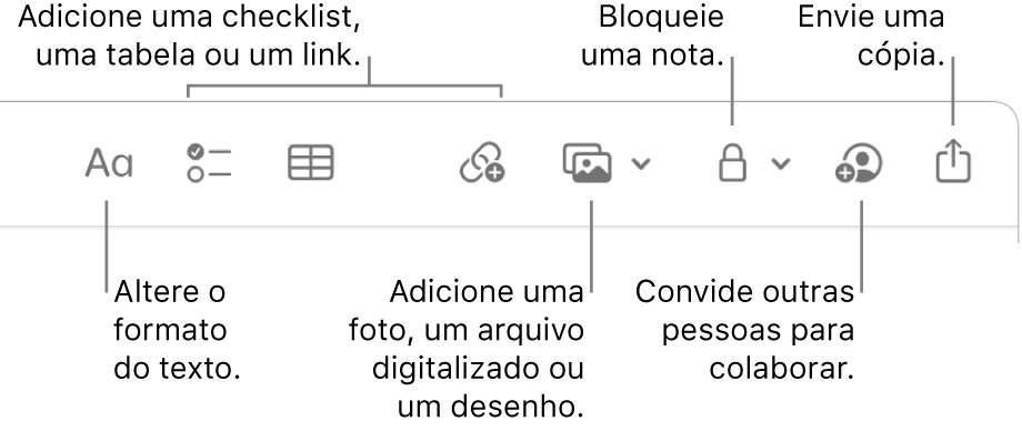 Barra de ferramentas do app Notas com chamadas para as ferramentas de formato do texto, checklist, tabela, link, fotos/mídia, bloqueio, compartilhamento e envio de cópia.
