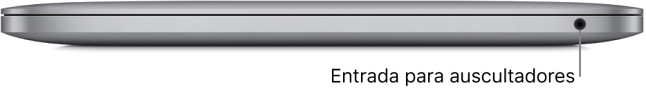 Vista do lado direito de um MacBook Pro com chip Apple M1, com uma chamada para a ficha de 3,5 mm para auscultadores.