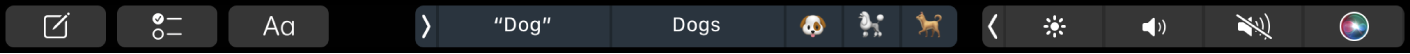 Os botões para escrever texto e de sugestões de escrita na Touch Bar.