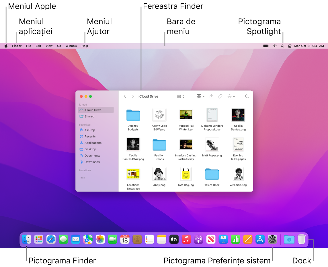 Un ecran Mac afișând meniul Apple, meniul Aplicații, meniul Ajutor, o fereastră Finder, bara de meniu, pictograma Spotlight, pictograma Finder, pictograma Preferințe sistem și Dock-ul.