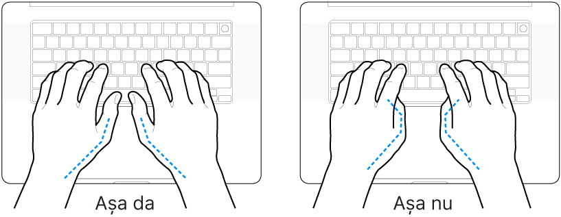 Mâini poziționate deasupra unei tastaturi, indicând alinierea corectă și incorectă a degetelor mari.