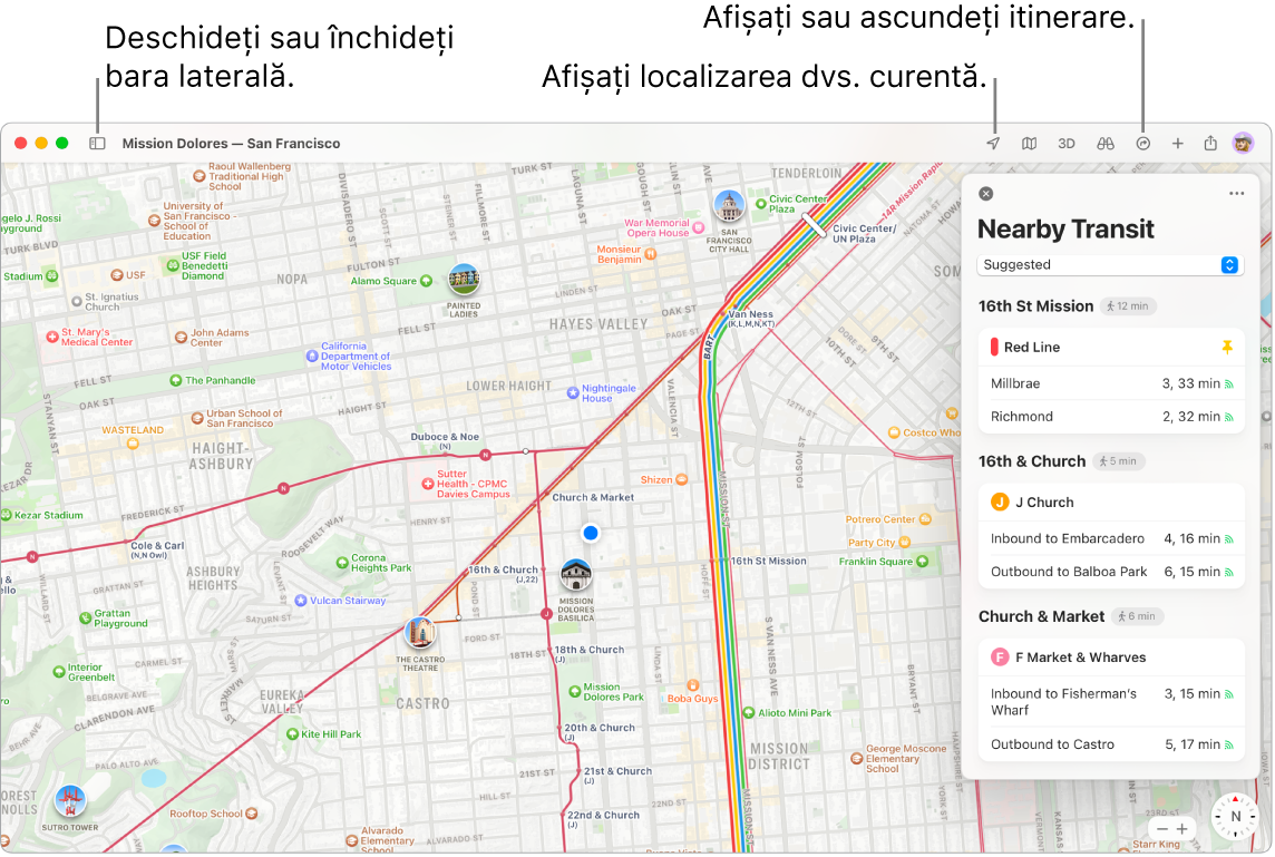 O fereastră Hărți afișând modul în care puteți obține un itinerar făcând clic pe o destinație din bara laterală, cum să deschideți sau să închideți bara laterală și cum să găsiți localizarea dvs. curentă pe hartă.