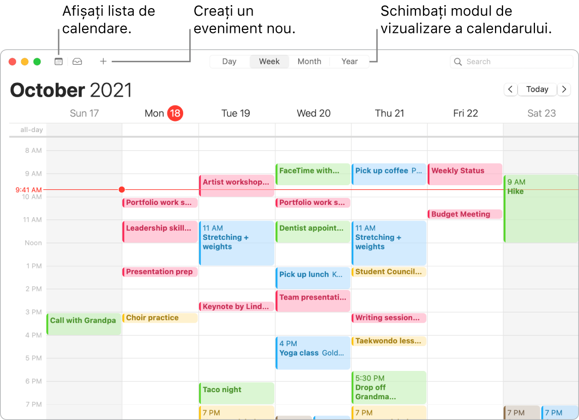 O fereastră Calendar care afișează cum să creați un eveniment, să afișați lista calendarelor și să alegeți vizualizarea Zi, Săptămână, Lună sau An.