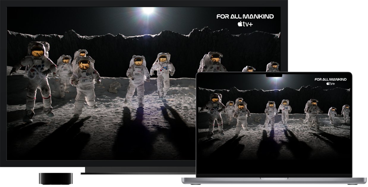 Изображение MacBook Pro, материалы с которого дублируются на экран большого HD-телевизора с помощью Apple TV.