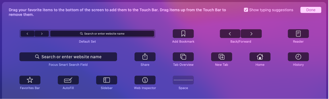 Možnosti prispôsobenia Safari, ktoré môžete potiahnuť na Touch Bar.
