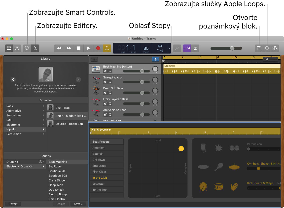 Okno aplikácie GarageBand znázorňujúce tlačidlá na prístup k dynamickému ovládaniu, editorom, poznámkam a súborom Apple Loops. Znázornené je tiež zobrazenie stôp.