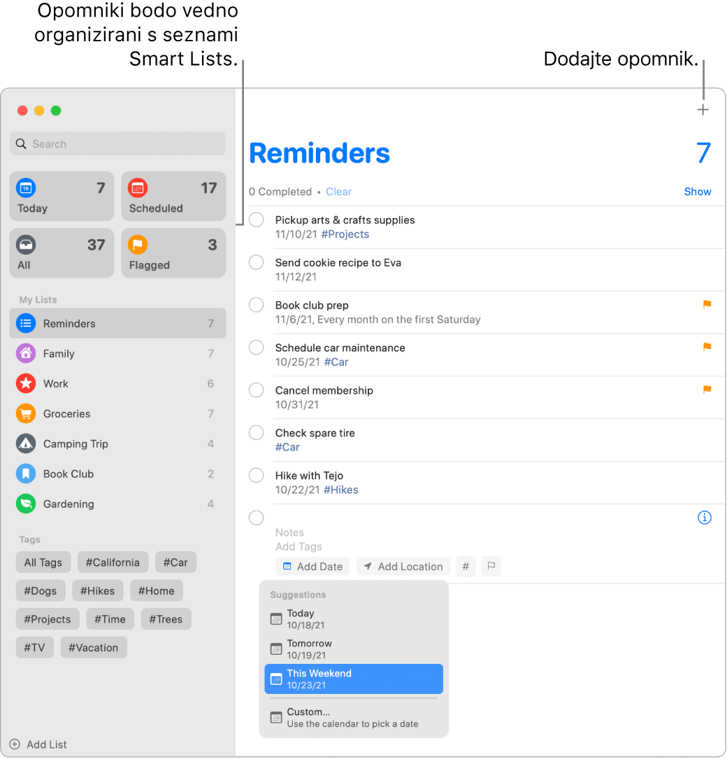 Okno aplikacije Reminders s pametnimi seznami na levi strani in drugimi opomniki in seznami spodaj. Puščica je na opomniku in meni Suggestions je odprt s predlogi za Today, Tomorrow, This Weekend in Custom.