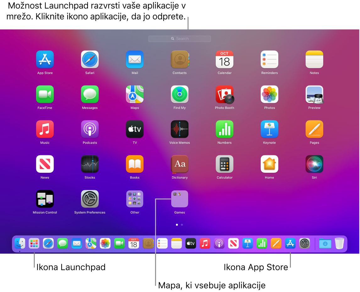 Zaslon Mac z odprtim zaganjalnikom aplikacij Launchpad, prikazano mapo aplikacij v zaganjalniku Launchpad ter ikonama Launchpad in App Store v vrstici Dock.
