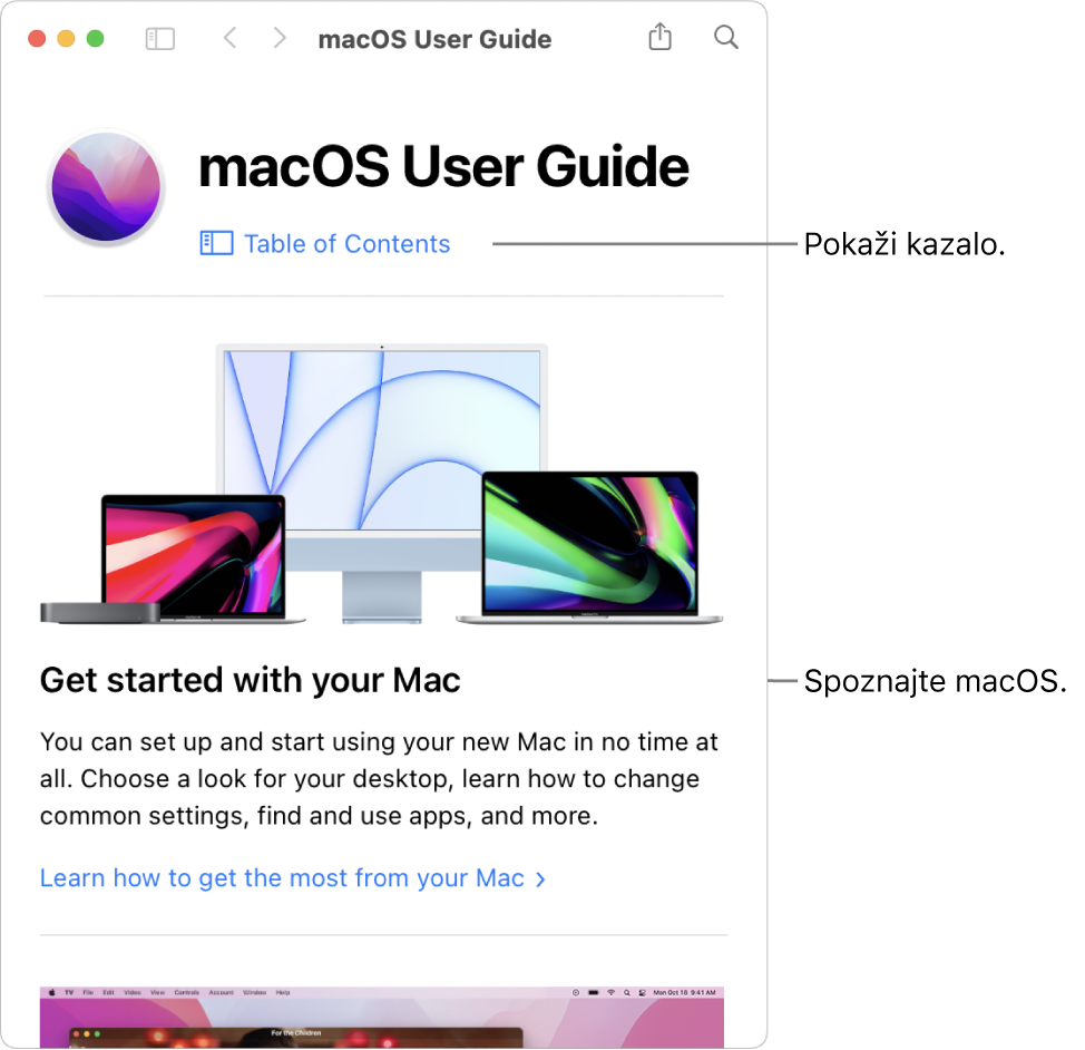 Stran z dobrodošlico uporabniškega priročnika macOS s prikazom povezave do kazala z vsebino.