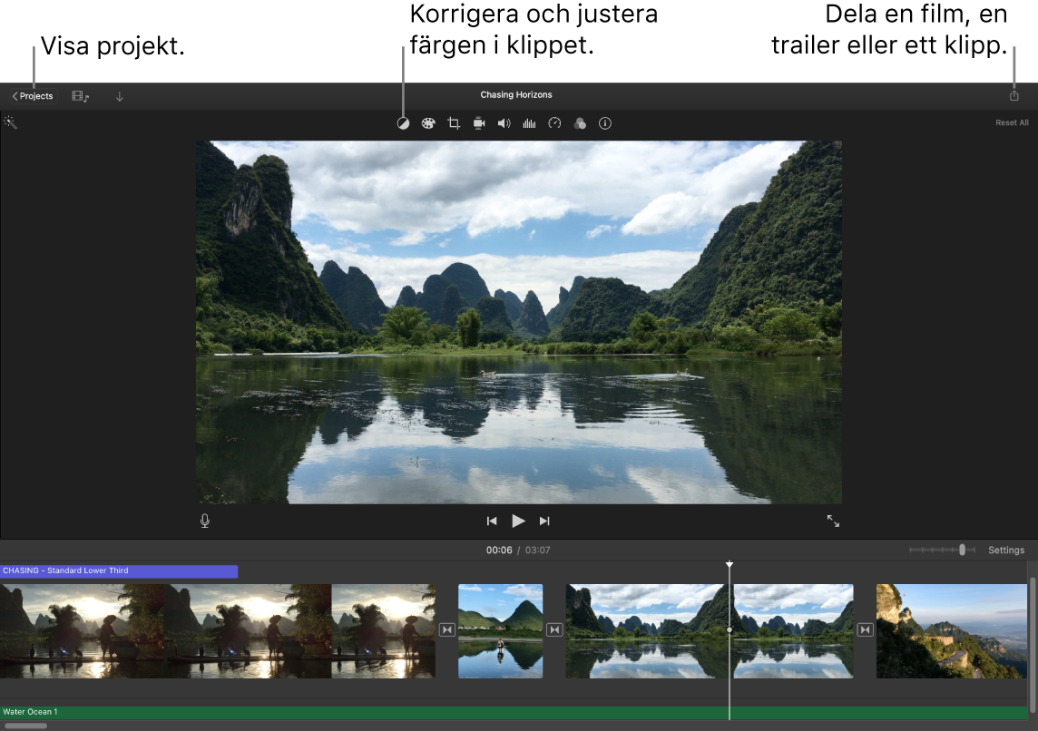 iMovie-fönster med knappar för visning av projekt, korrigering och justering av färger och för att dela din film, trailer eller ditt filmklipp.
