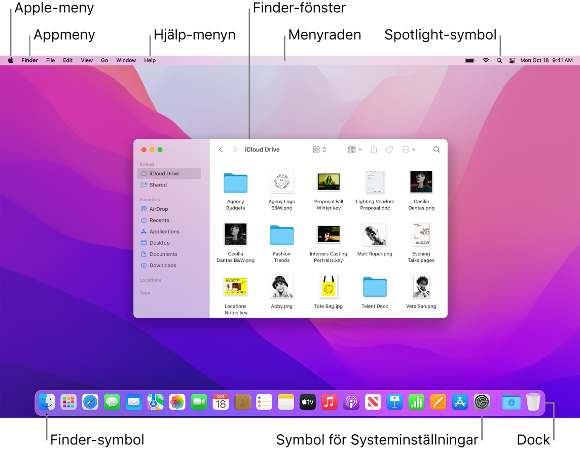 Mac-skärm som visar Apple-menyn, appmenyn, Hjälp-menyn, ett Finder-fönster, menyraden, Spotlight-symbolen, Finder-symbolen, symbolen för Systeminställningar och Dock.