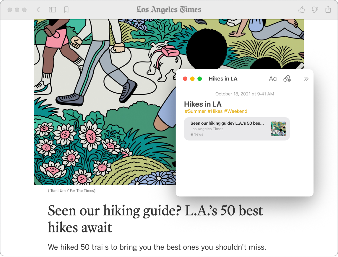 News-fönstret visar en artikel om vandring i Los Angeles Times med en snabbanteckning med titeln ”Vandringar i LA” och taggarna #Sommar, #Vandringar och #Helg.