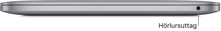 Högra sidan på en MacBook Pro med Apples M1-krets med ett streck som pekar mot ett 3,5 mm hörlursuttag.