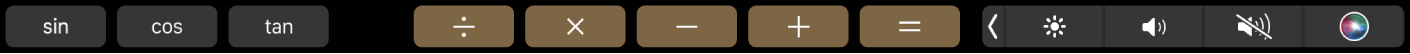 Touch Bar สำหรับแอปเครื่องคิดเลขหลังจากที่แก้ไขแล้ว โดยแสดงฟังก์ชั่นที่คุณเพิ่ม