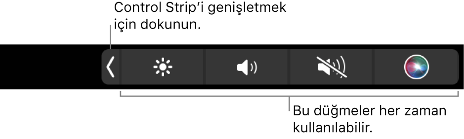 Saptanmış Touch Bar’ın içeriği gizlenmiş Control Strip’i gösteren kısmi ekranı. Control Strip’in tamamını göstermek için genişlet düğmesine dokunun.