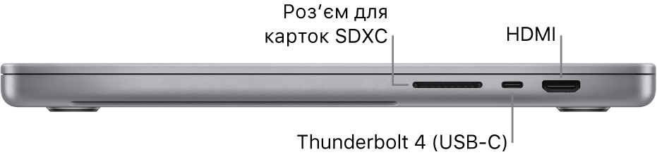 Права сторона 16-дюймового MacBook Pro із виноскою на гніздо для навушників 3,5 мм і порт заряджання.
