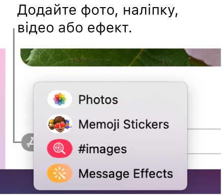 Меню «Програми» з опціями для показування фото, стікерів Memoji, GIF і ефектів повідомлень.