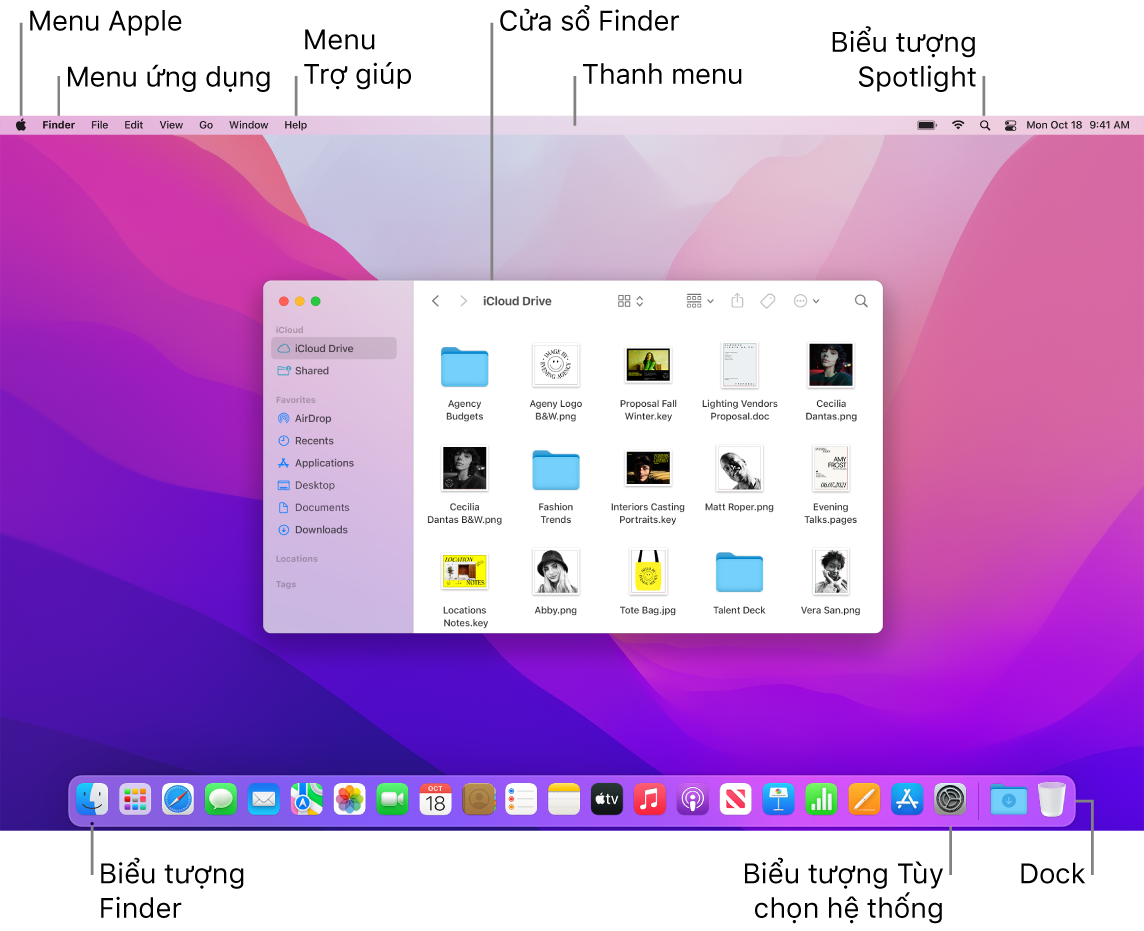 Một màn hình máy Mac đang hiển thị menu Apple, menu Ứng dụng, menu Trợ giúp, cửa sổ Finder, thanh menu, biểu tượng Spotlight, biểu tượng Finder, biểu tượng Tùy chọn hệ thống và Dock.