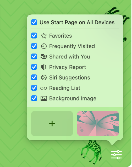 Menu bật lên Tùy chỉnh Safari với các hộp kiểm cho Mục ưa thích, Thường xuyên truy cập, Báo cáo quyền riêng tư, Gợi ý của Siri, Danh sách đọc và Hình ảnh nền.