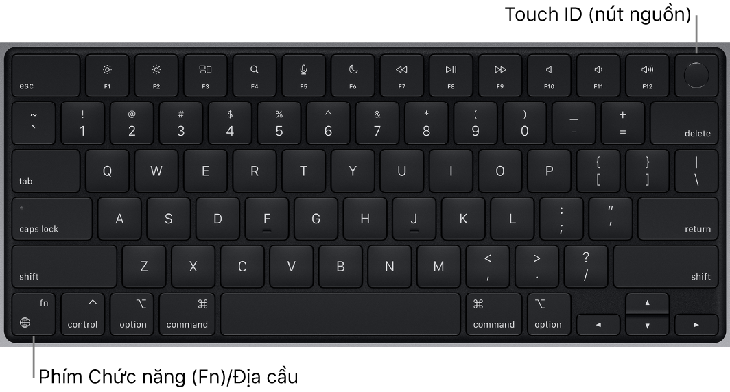 Bàn phím MacBook Pro đang hiển thị hàng các phím chức năng, Touch ID, nút nguồn ở trên cùng và phím Chức năng (Fn) ở góc phía dưới bên trái.
