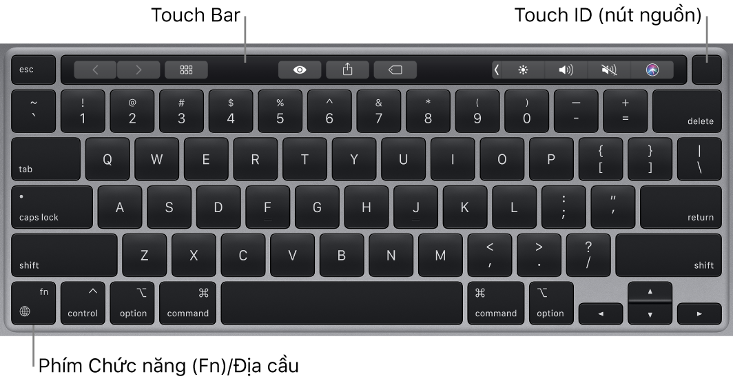 Bàn phím MacBook Pro đang hiển thị Touch Bar, Touch ID (nút nguồn) và phím Chức năng (Fn) ở góc dưới bên trái.