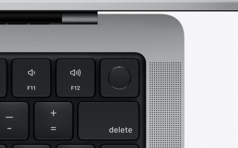 一个俯视 MacBook Pro 功能键的动画,显示了三个特殊的功能键:F4(聚焦)、F5(听写/Siri)和 F6(勿扰模式)。