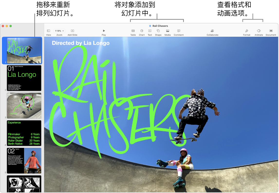 Keynote 讲演窗口,左侧显示幻灯片导航器和如何重新排序幻灯片,顶部是工具栏及其编辑工具,右上方附近是“协作”按钮,右侧是“格式”、“动画效果”和“文稿”按钮。