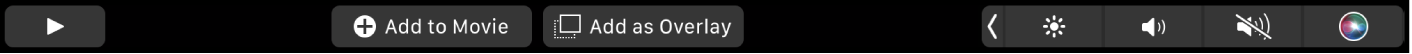 iMovie 觸控列顯示喜好項目、刪除、播放、加入影片和加入作為覆疊的按鈕。