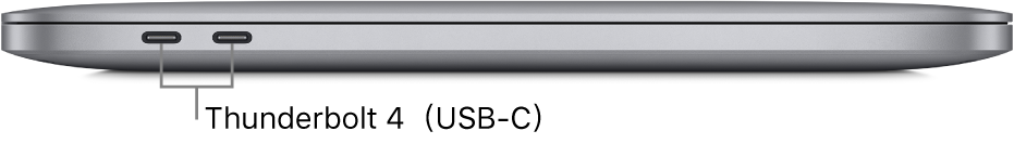 配備 Apple M1 晶片的 MacBook Pro 左側圖，顯示 Thunderbolt 3（USB-C）埠的說明框。
