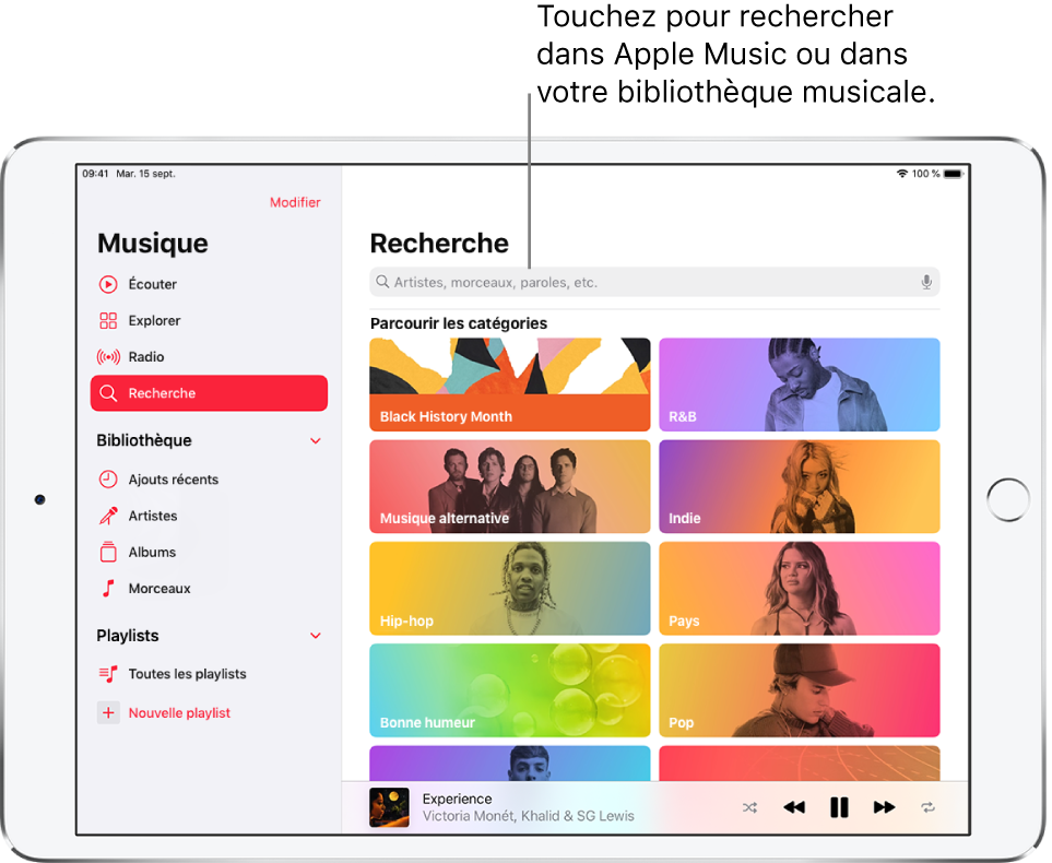 L’écran Rechercher affichant la barre latérale à gauche et un champ de recherche en haut à droite. La section « Parcourir les catégories » en dessous affiche plusieurs catégories.