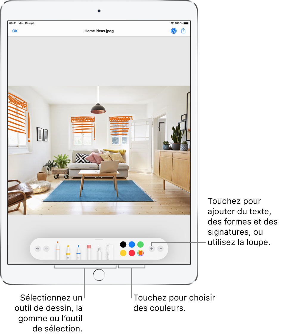 Une image dans une fenêtre d’annotation. Sous l’image, de gauche à droite, se trouvent les boutons permettant d’utiliser les outils d’annotation : des stylos pour dessiner, une gomme, un outil de sélection, des couleurs et des boutons permettant d’ajouter une zone de texte, votre signature et des formes, puis un autre pour sélectionner la loupe.