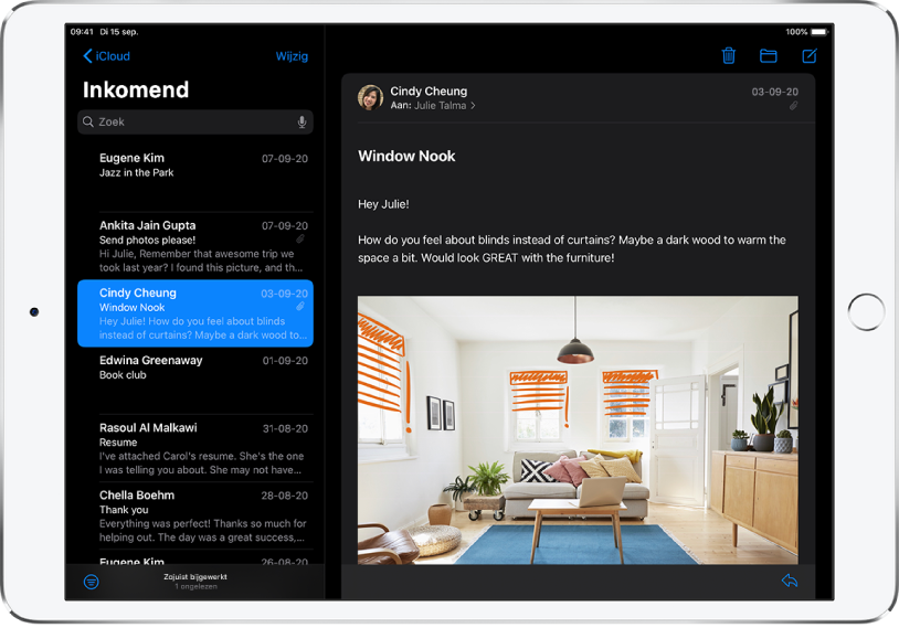 De Mail-app in de donkere modus.