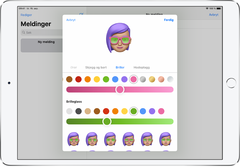 Opprett en Memoji-skjermen i Meldinger-appen, der du kan velge briller.
