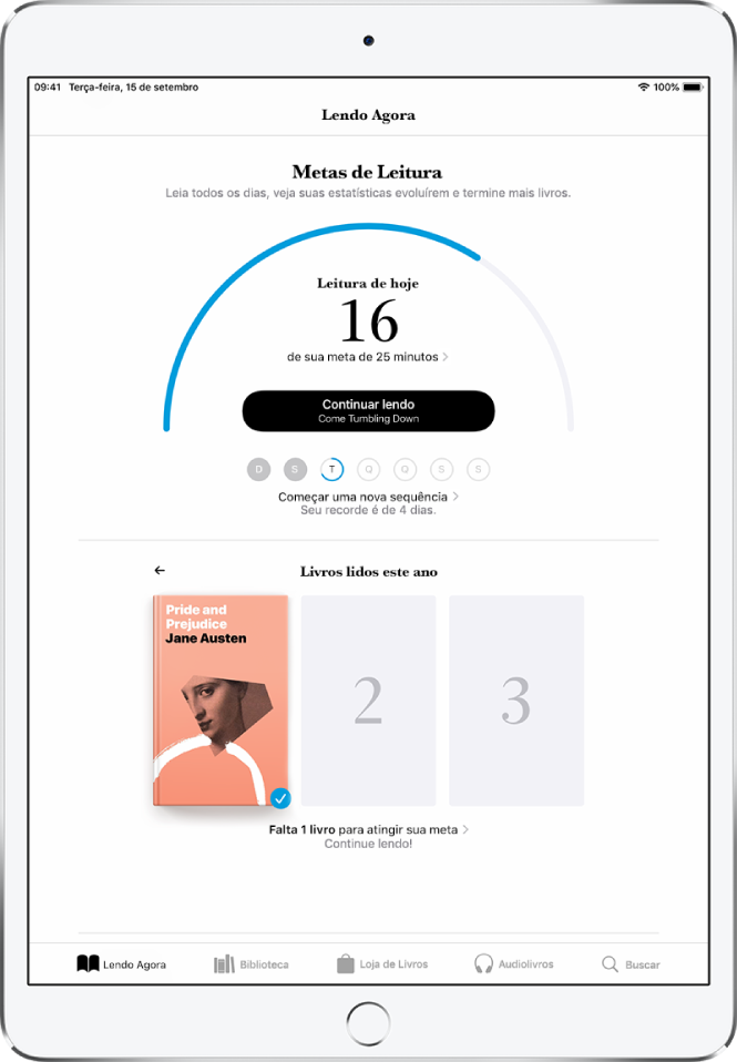 Seção Metas de Leitura em Lendo Agora. O contador de leitura mostra que 10 minutos de uma meta de 20 minutos foram cumpridos. Abaixo do contador há um botão Continuar Lendo e círculos que mostram os dias da semana, de domingo a sábado. Os círculos de domingo e segunda-feira estão azuis, indicando que a meta de leitura foi atingida. O círculo de terça-feira está com metade do contorno, indicando o andamento desse dia. Os círculos de quarta-feira até sábado estão em cinza. O centro da tela mostra Livros Lidos Neste Ano. Três quadrados indicam a meta de leitura de três livros. Uma capa de livro preenche um quadrado, indicando um livro lido para o ano.